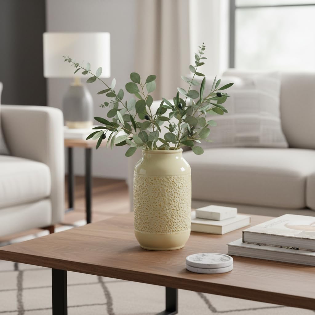 Wancetang Beige Ceramic Vase for Flowers - 9 Inch Textured Cream Vase for Pampas Grass, Modern Farmhouse Vases for Home Decor, Table Centerpiece, Shelf, and Mantle Decor