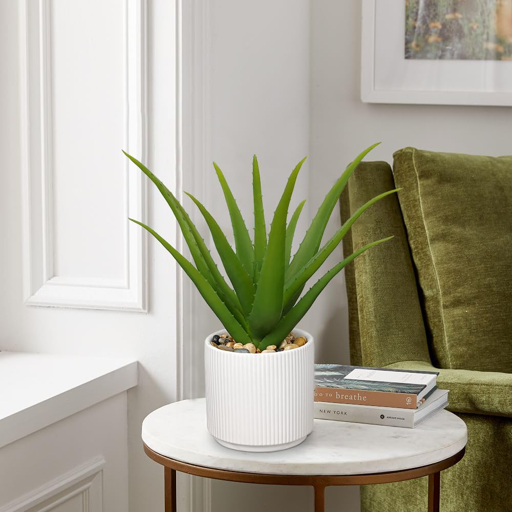 GnFlus Artificial Succulent Aloe Plants 12 Inch Faux Succulents with Ceramic Pot Fake Aloe Potted Plant for Home Indoor Bathroom Table Bedroom Shelf Office Decor