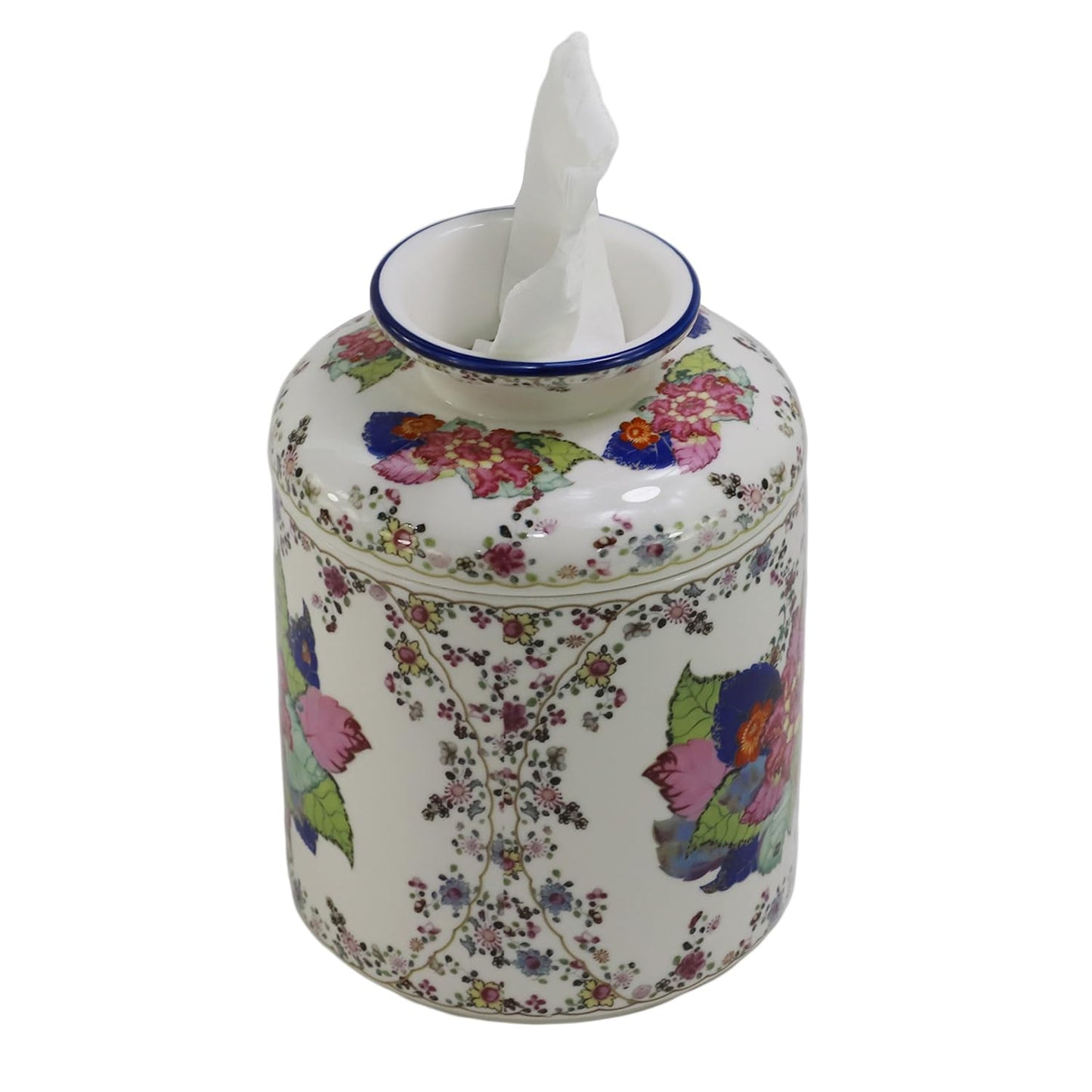 SYNWISH Tobacco Leaf Pattern Floral Round Porcelain Tissue Box Cover 6.7", Facial Tissue Holder Storage for Bathroom Vanity, Countertops, Dressers, Parlors and Offices Home Décor