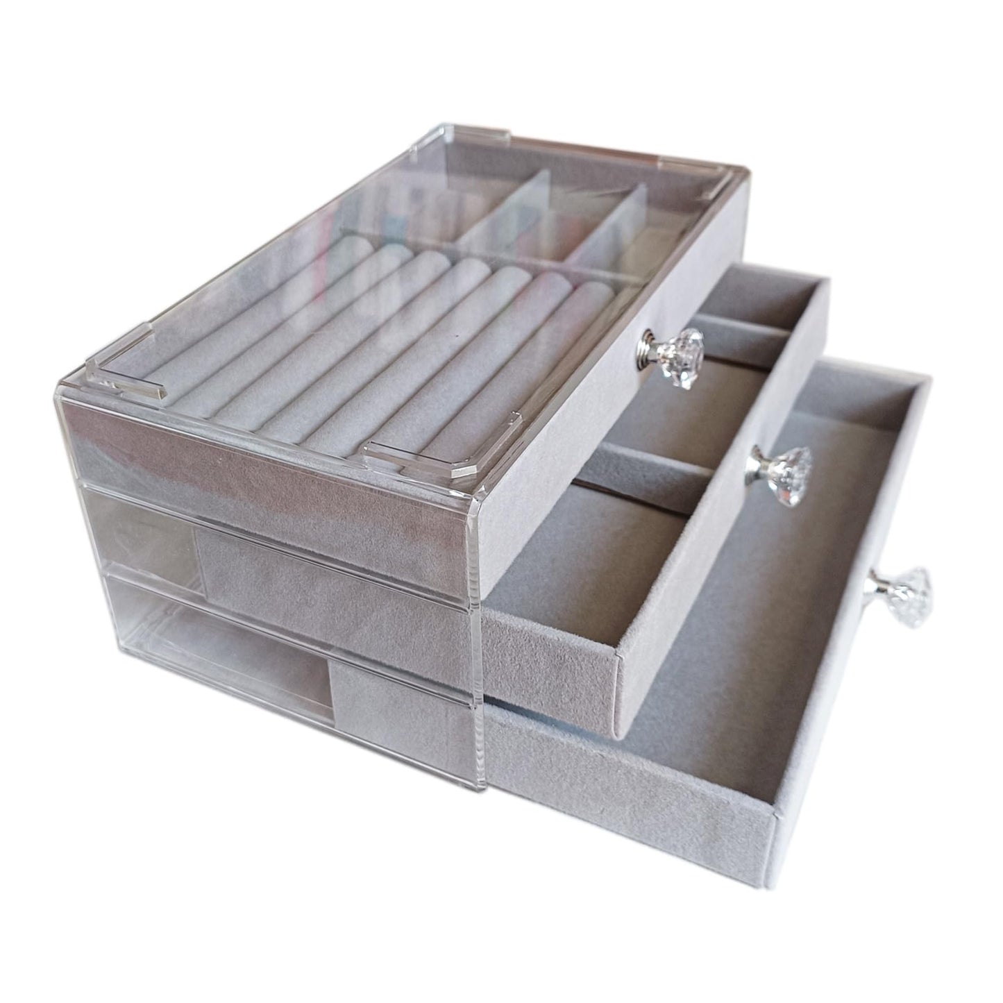 Jemjosh Clear Acrylic Velvet Jewelry Organizer with 3 Drawers, Stackable Display Storage Earrings Necklace Rings Bracelets Box Holder Case for Women, Grey