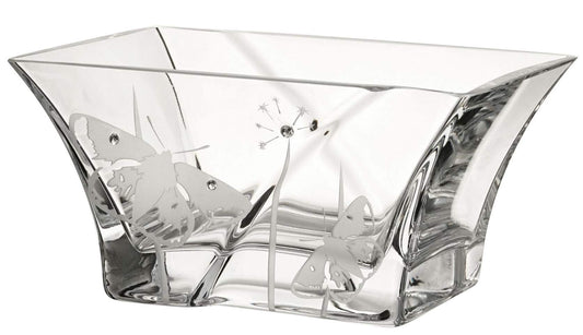 Elegant Hand Blown Glass Bowl - Decorated with Premium Crystals and Butterflies - Unleaded Glass - Small Fruit Nuts Bowl Candy Dish - Dia: 7 in (18 cm)