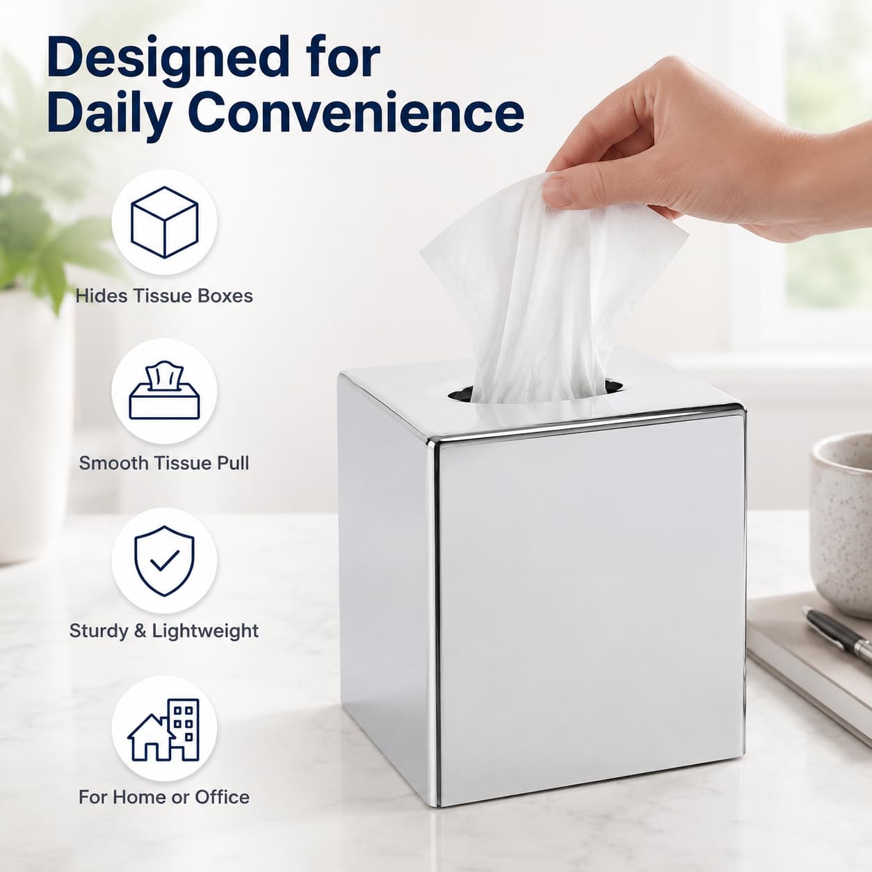 IMIKEYA Square Tissue Box Holder Modern Decorative Tissue Box Cover for Home Kitchen Countertop Office Desk, Sliver, 5.4 Inch