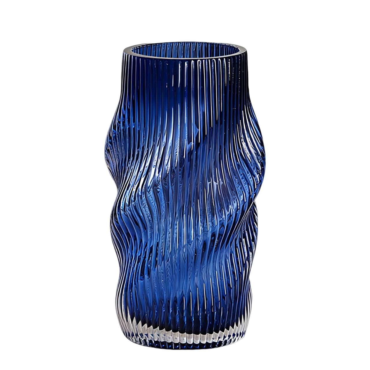 HELAIMAY Blue Ribbed Glass Flower Vase, Irregular Shaped Modern Minimalist Glass Vase, Flower Vase for Centerpieces and Home Decor, 8.6 Inches, 1 Piece