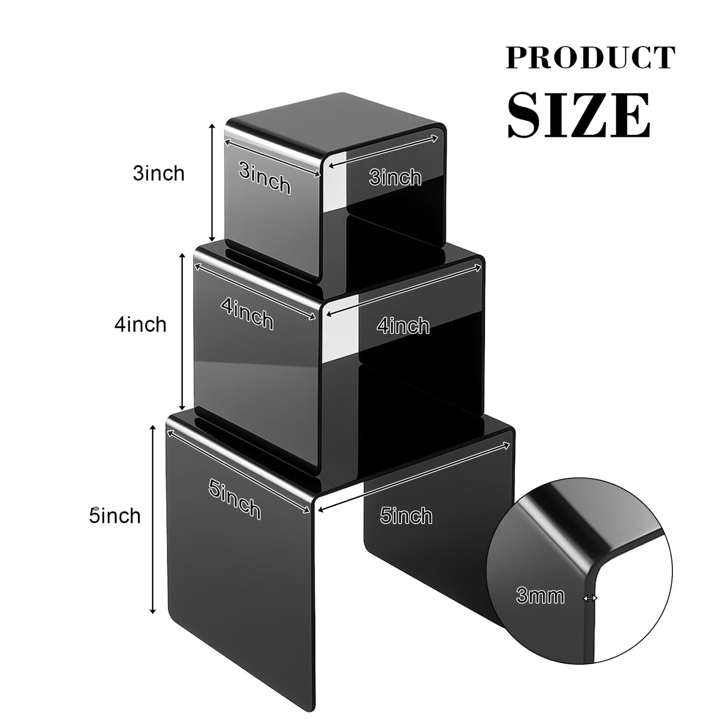 Chuangdi 2 Sets Acrylic Display Risers, Product Stand, Jewelry Display Riser Shelf Showcase Fixtures for Dessert Cupcake Candy Figure Treat Action Showcase(Black,Medium Set)