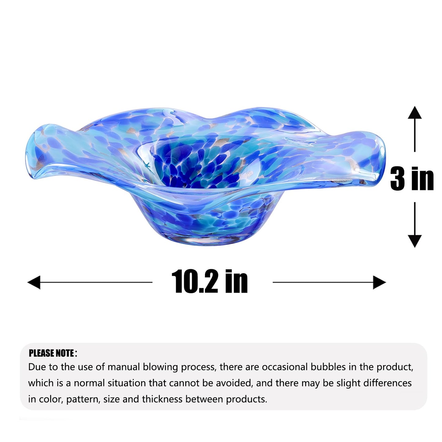 ORRFIDDY Hand Blown Murano-style Art Glass Bowl, 10.2-Inch Large Decorative Centerpiece for Table, Cobalt Blue Fruit Display & Kitchen Counter Decor