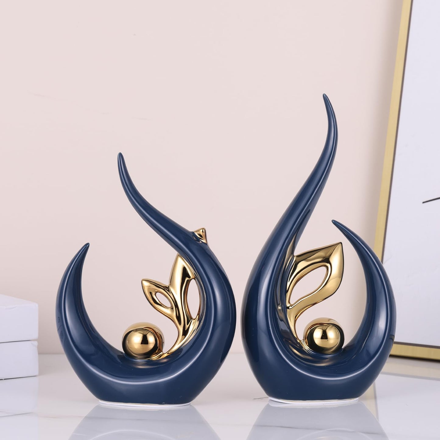 9.4" H Blue Gold Abstract Sculptures Home Decor, Ceramic Art Statue Cool Stuff to Put on Shelves&tv Stand Decor, Gold Accent Entertainment Center, for Fireplace Coffee Table Dining Table Decorate