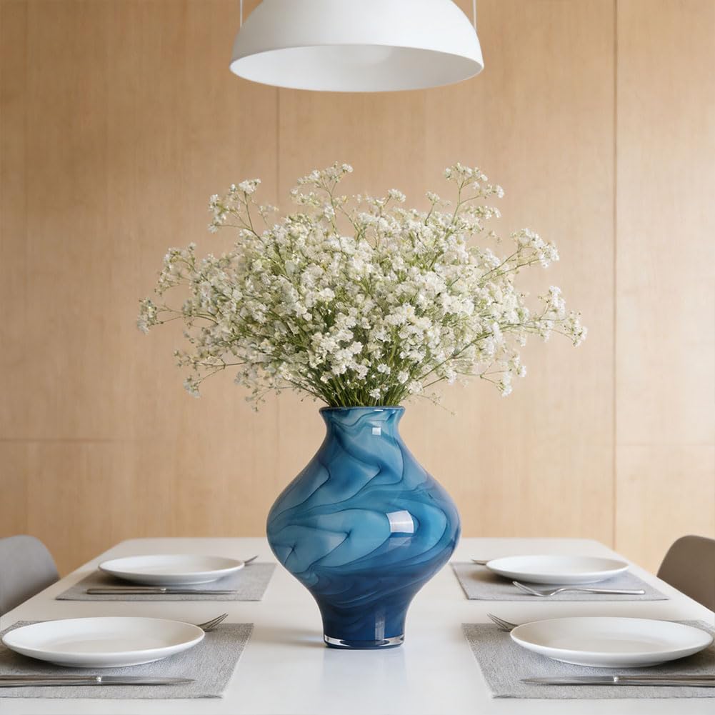 Hand Blown Blue Glass Vase, 9.5" Unique Blue Decor Glass Vases, Modern Hand Blown Glass Vase Decor for Home Living Room, Office, Table centerpieces, Shel, Kitchen, Bathroom Decorative