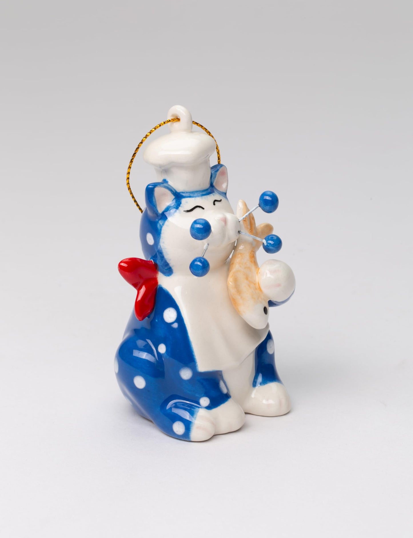Fine Ceramic Whisker Cat Collection - Blue Chef Cat Holding Fish Figurine Ornament by Amy Lacombe, 3-1/2" H
