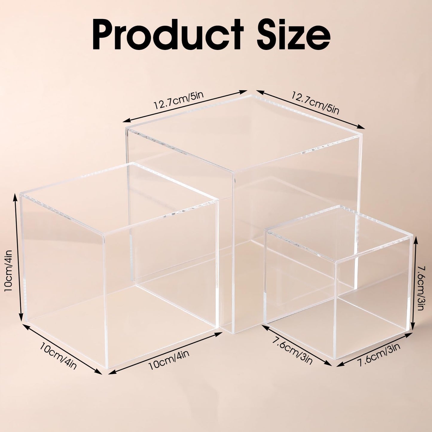 3 Pcs Acrylic Boxes for Display, 3" 4" 5" Small Square Clear Acrylic Cube with Hollow Bottoms, Nesting Riser Display Stand Shelf Food Risers for Buffet Table Dessert Collectibles Jewelry Figures Show
