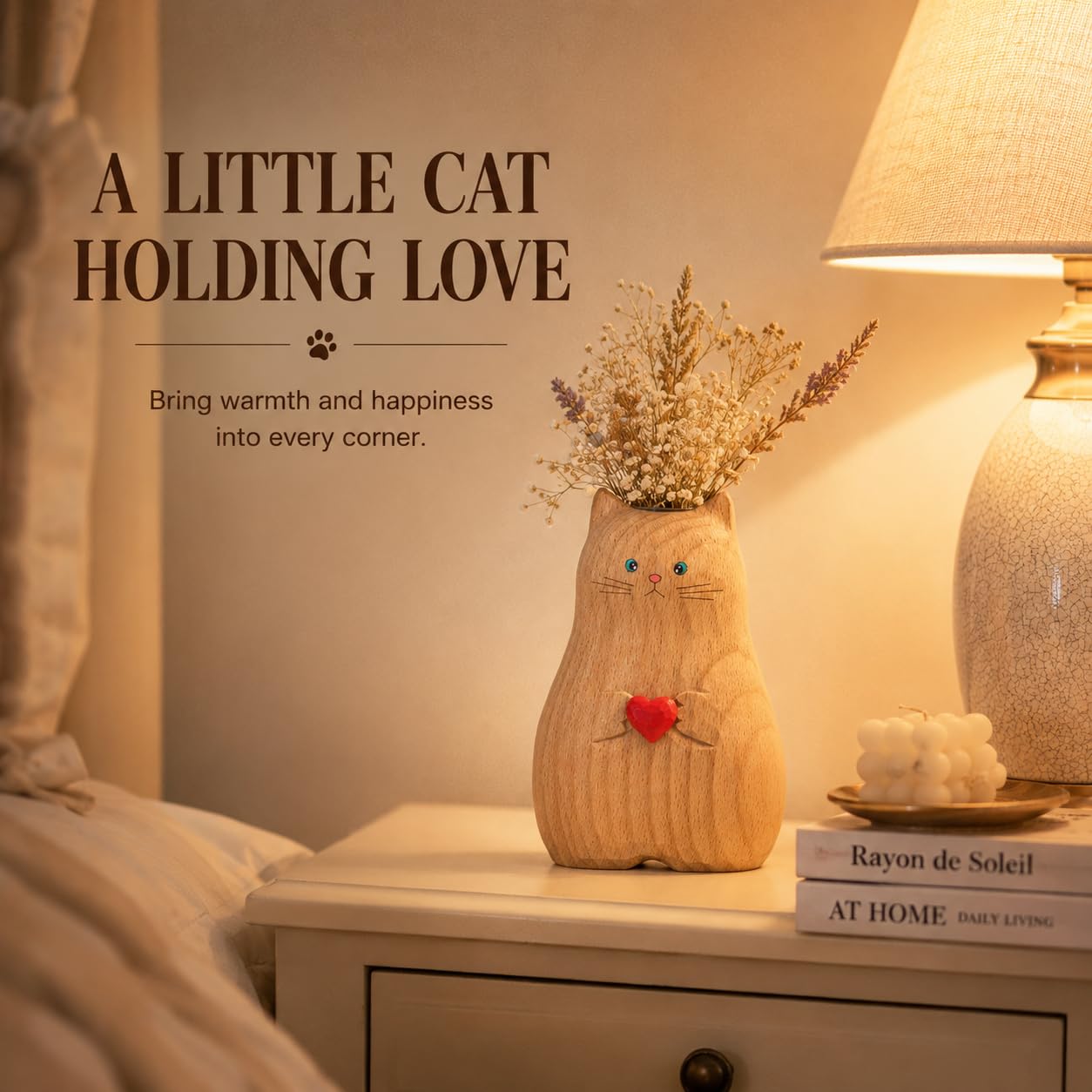 Cat Vase Handmade Wooden Vase, Home Decor Small Vases,Solid Wood Cat Statue Holding Heart Shaped,Modern Creative Cat Decor