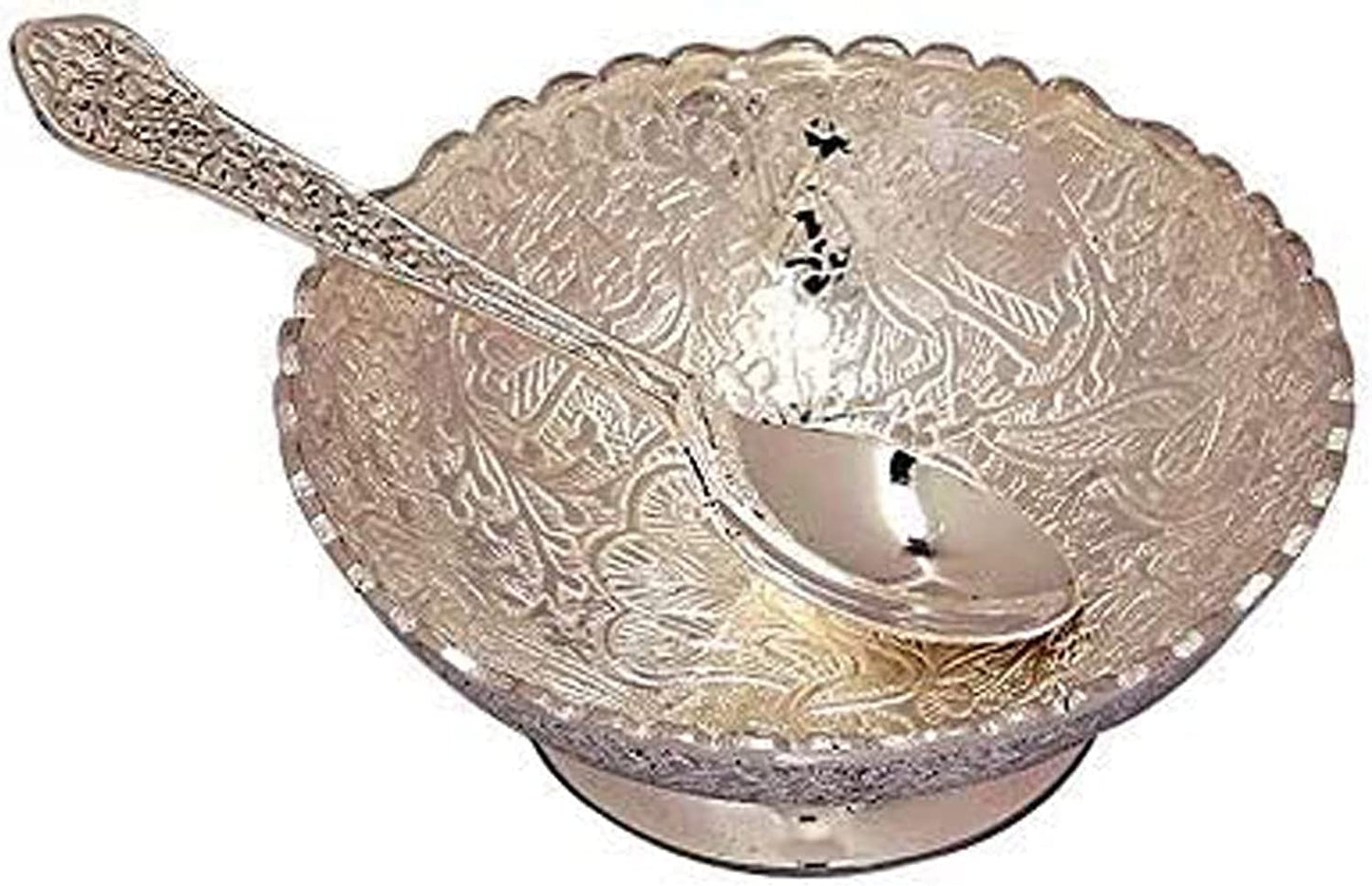 FIKIMOS Aluminium -Silver Plated Small Bowl Set with Spoon Size - 3.5 Inch Diameter Bowl, capacity -100 ml /3.38 OZ -30 Grams bowl weight