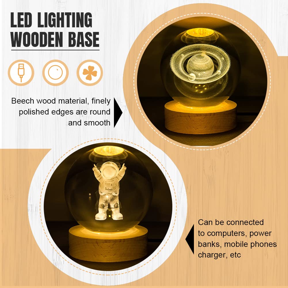 4pcs Wooden Light Base, Round & Square Crystal Sphere Pedestal Stand with USB Cable Switch, Light Display Base for Illuminate 3D Crystal Ball Aroma Stone Resin Art Ornament