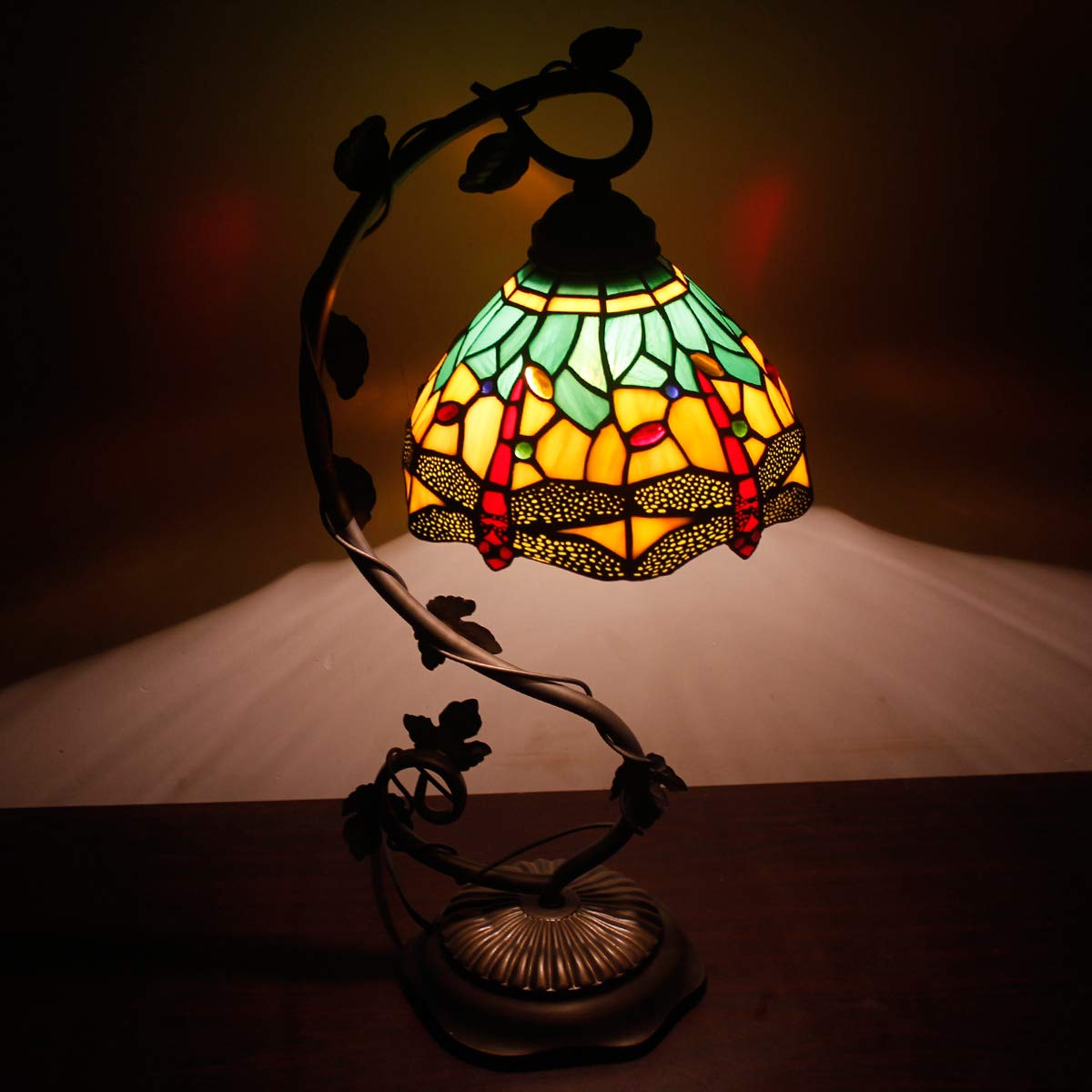 WERFACTORY Tiffany Lamp Green Yellow Stained Glass Dragonfly Style Table Lamp Metal Leaf Base 8X10X21 Inches Desk Light Decor Small Space Bedroom Home Office S009G Series