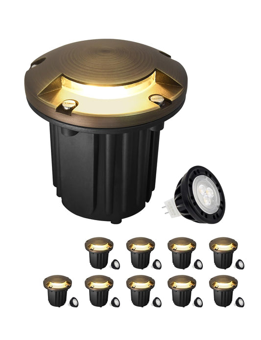 MALORY Brass Top Cover Landscape Well Lights,(5‘’H) 12V Low Voltage Outdoor In Ground Lights,5W Landscape Lighting for Pathway, Driveway and Garden (One-Direction Turret, 10-Pack with Bulb)