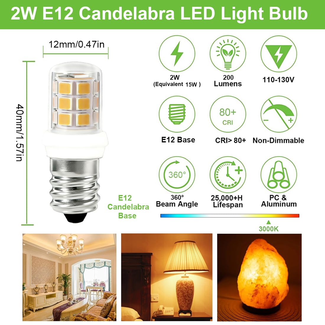 VYAOMLI E12 C7 Salt Lamp Bulbs, C7 LED Night Light Bulb, 2W Equivalent 15W 20W E12 Base Replacement for Himalayan Salt Lamps Light Bulbs Chandeliers Bulbs (Warm White, Pack of 10)