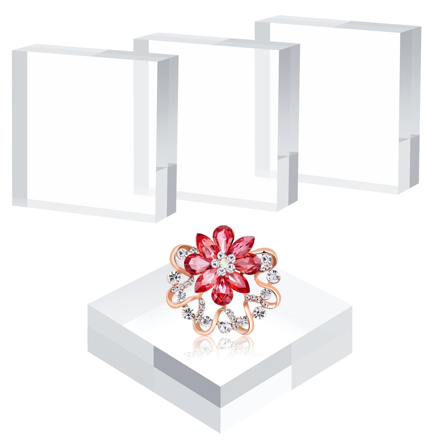 TOWEBOORY 4 Pcs Acrylic Base Stand, 3*3*1 Inch Acrylic Blocks for Display Square Cube Riser Display Pedestal Stands Clear Polished Cubes Holder for Jewelry Perfume Ring Collection Props Cake