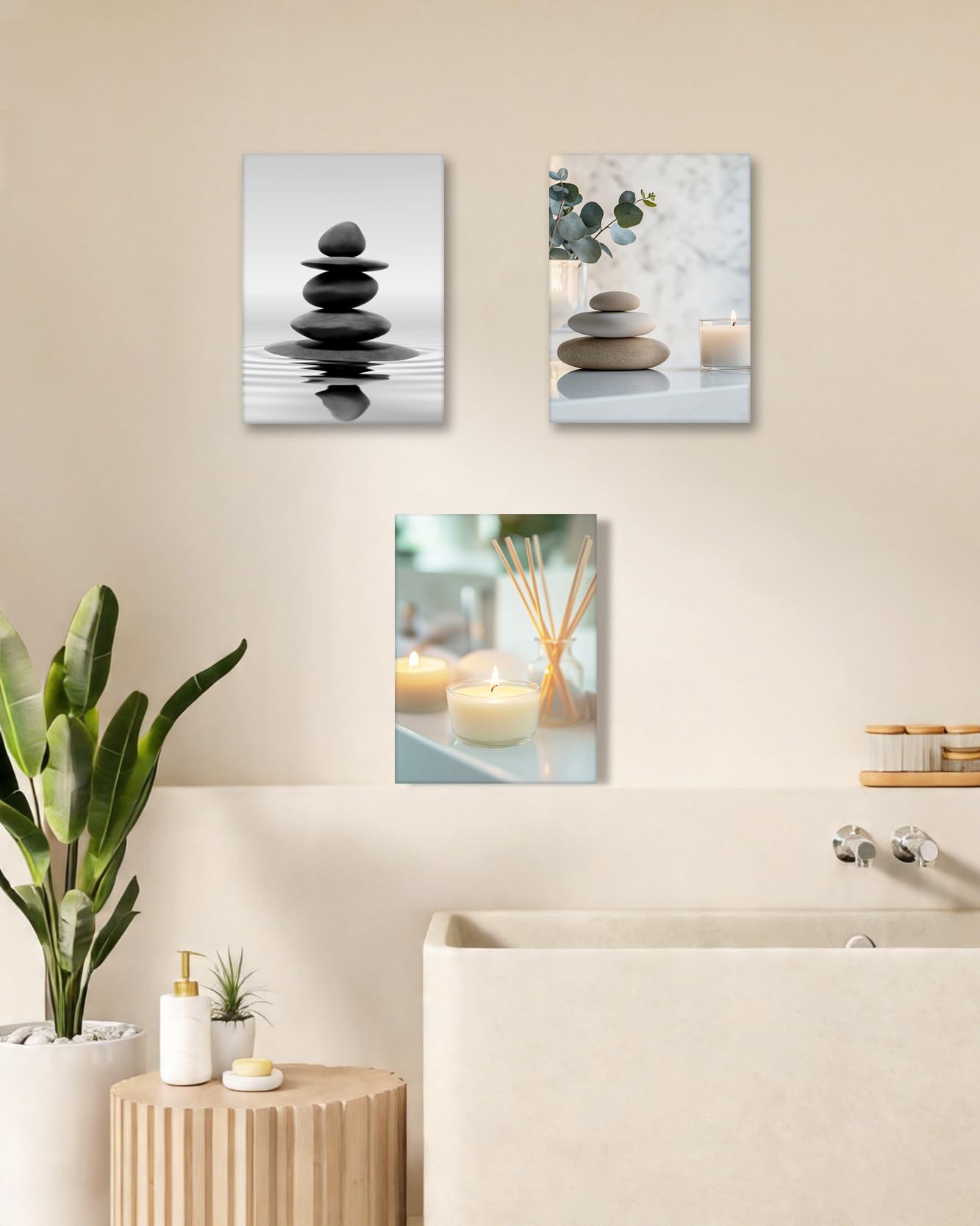 HesenDot 12x16in Spa Bathroom Wall Art - Relaxing Zen Stones Candles Canvas Print, Calming Aesthetic Poster, Minimalist Warm Wall Decor for Yoga Room Bedroom Master Bath Home, Set of 1