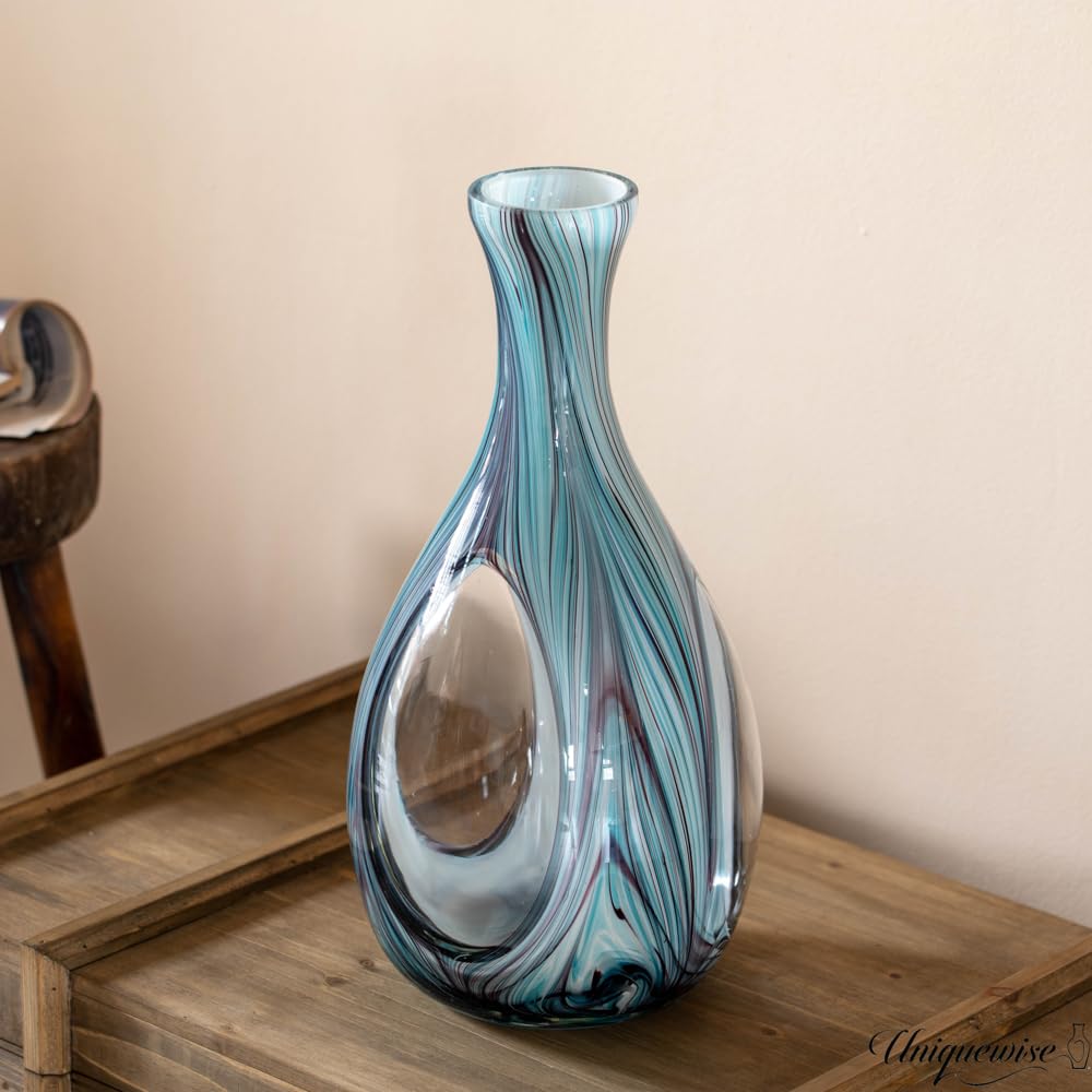 Uniquewise 16-Inch Multitone Glass Table Vase in Blue Hue - Minimalist, Decorative Boho Vase with Rustic Farmhouse Style, Home Decor - Living Room, Bedroom Table, Kitchen Shelf, or Office Desk Decor