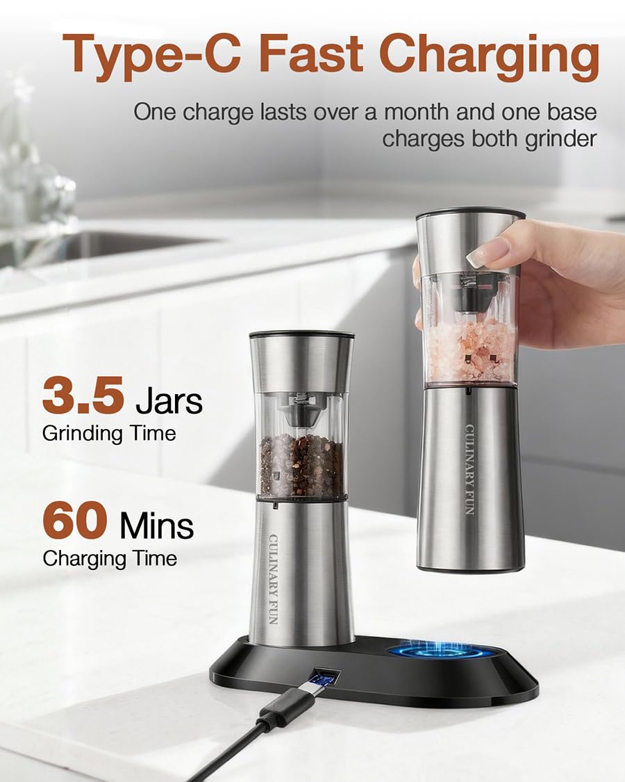 Gravity Electric Salt and Pepper Grinder Set, Automatic Mills with Rechargeable Charging Base, Built-in LED Light & Stainless Steel Body