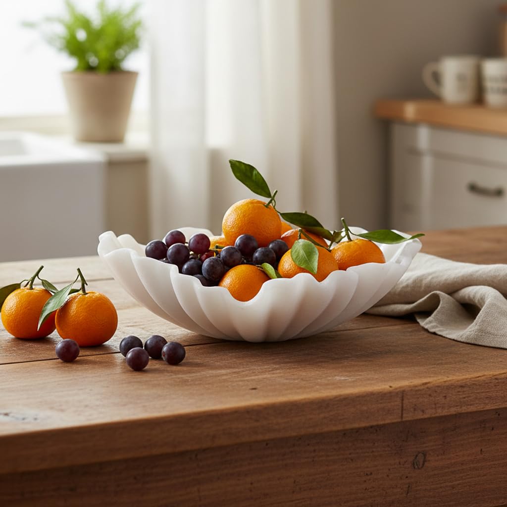 CSjihua Scalloped Sandstone Resin Decorative Bowl - 11.7" Off-white Large Key Bowl for Entryway Table, Jewelry, Keys, Fruits, Home & Office Centerpiece Decor