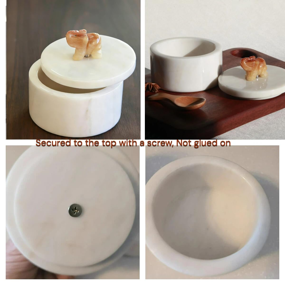 Homestia Marble Salt Cellar with Lid 4 Inch White Marble Salt Keeper with Crystal Elephant Knob, Natural Stone Spice Jar for Kitchen Counter, Modern Salt Bowl Sugar Container Gift