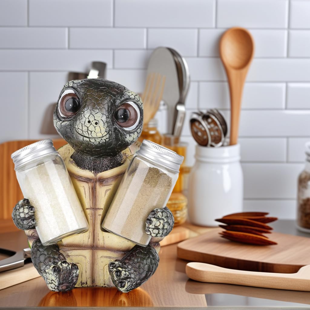 Cute Sea Turtle Salt and Pepper Shaker Holder with Glass Jars – Nautical Resin Spice Caddy for Kitchen Table & Coastal Decor, Cute Farmhouse Kitchen Decor Accent