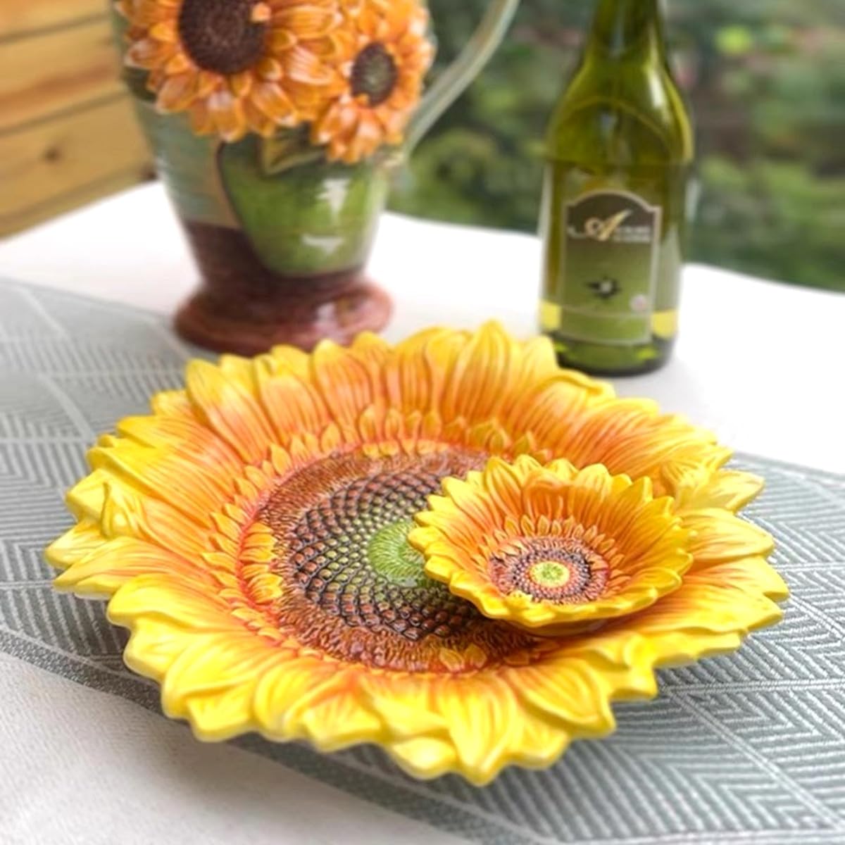 FORLONG Ceramic Chip & Dip Platter,11 inches Double Layer Hand-painted Yellow Decorated Plate -Sunflower
