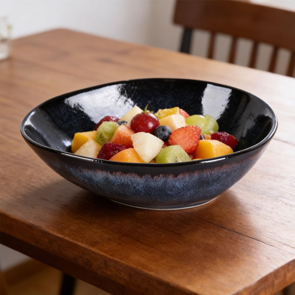 XIYOUQI Blue Decorative Bowl, 9.5" Blue Bowls, Ceramic Fruit Bowl，Pottery Key Bowl for Entryway Table, Candy Dish, Jewelry Trinket Dish, Fruit Bowl for Kitchen Counter, Glazed Bowl for Home Decor