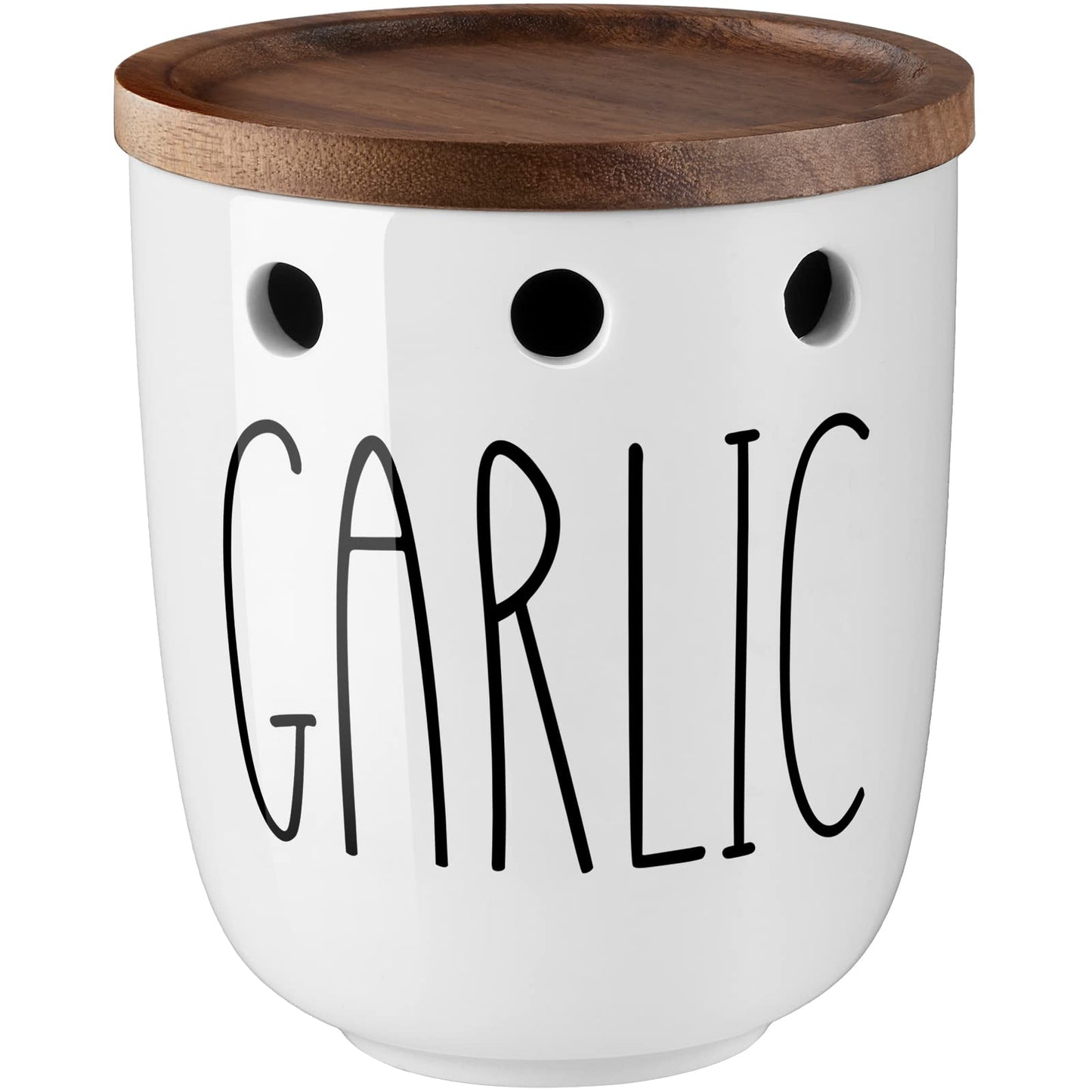 DAYYET Garlic Keeper for Counter, Ceramic Garlic Keeper with Acacia Wood Lid, Garlic Holder Storage Container to Keep Your Garlic Cloves Fresh Longer, Garlic Saver for Kitchen, White