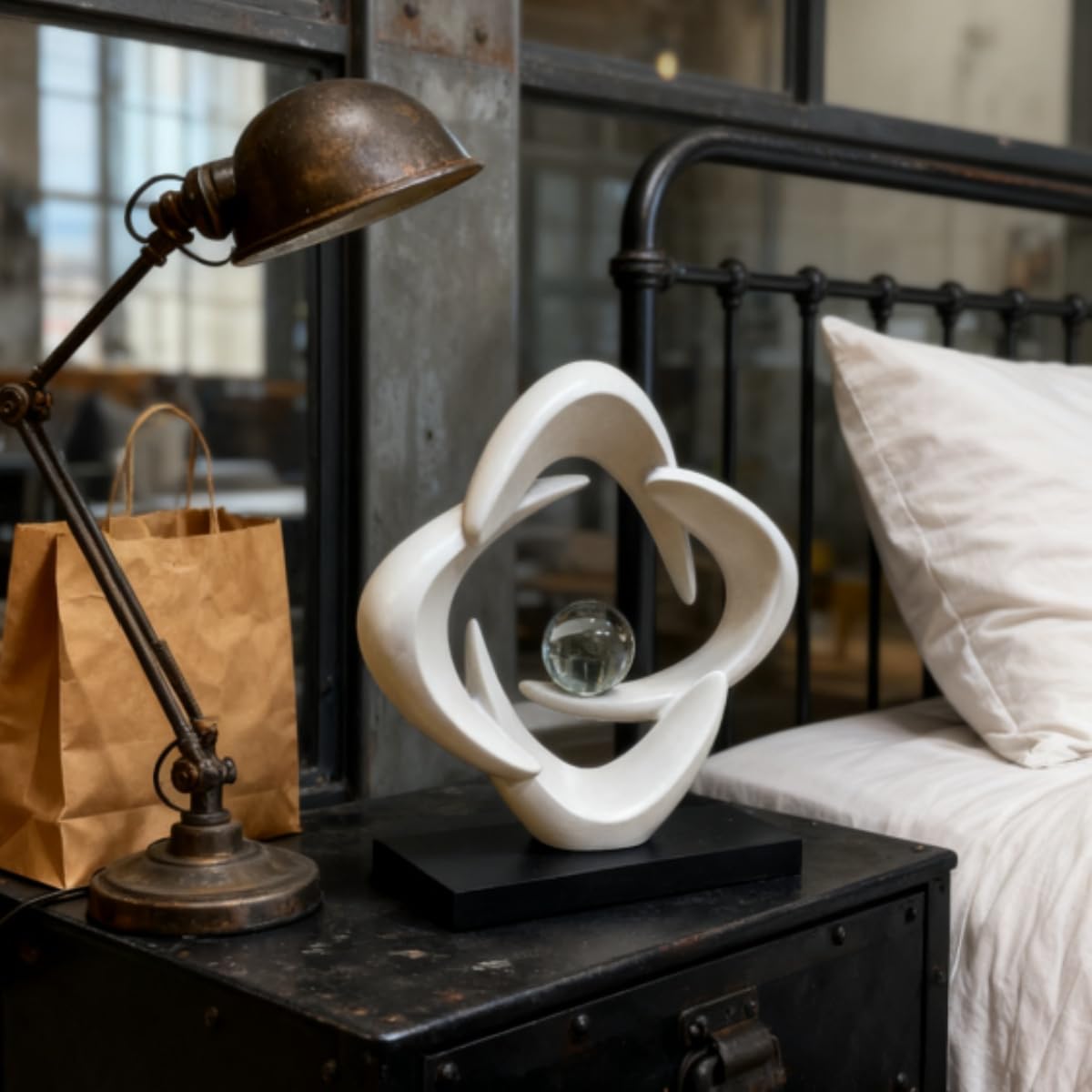 XGZY Abstract Flame Art Statue-Modern Home Decor Table &Book Shelf-with Glass Ball (10.43in Tall Figurine) (White B)