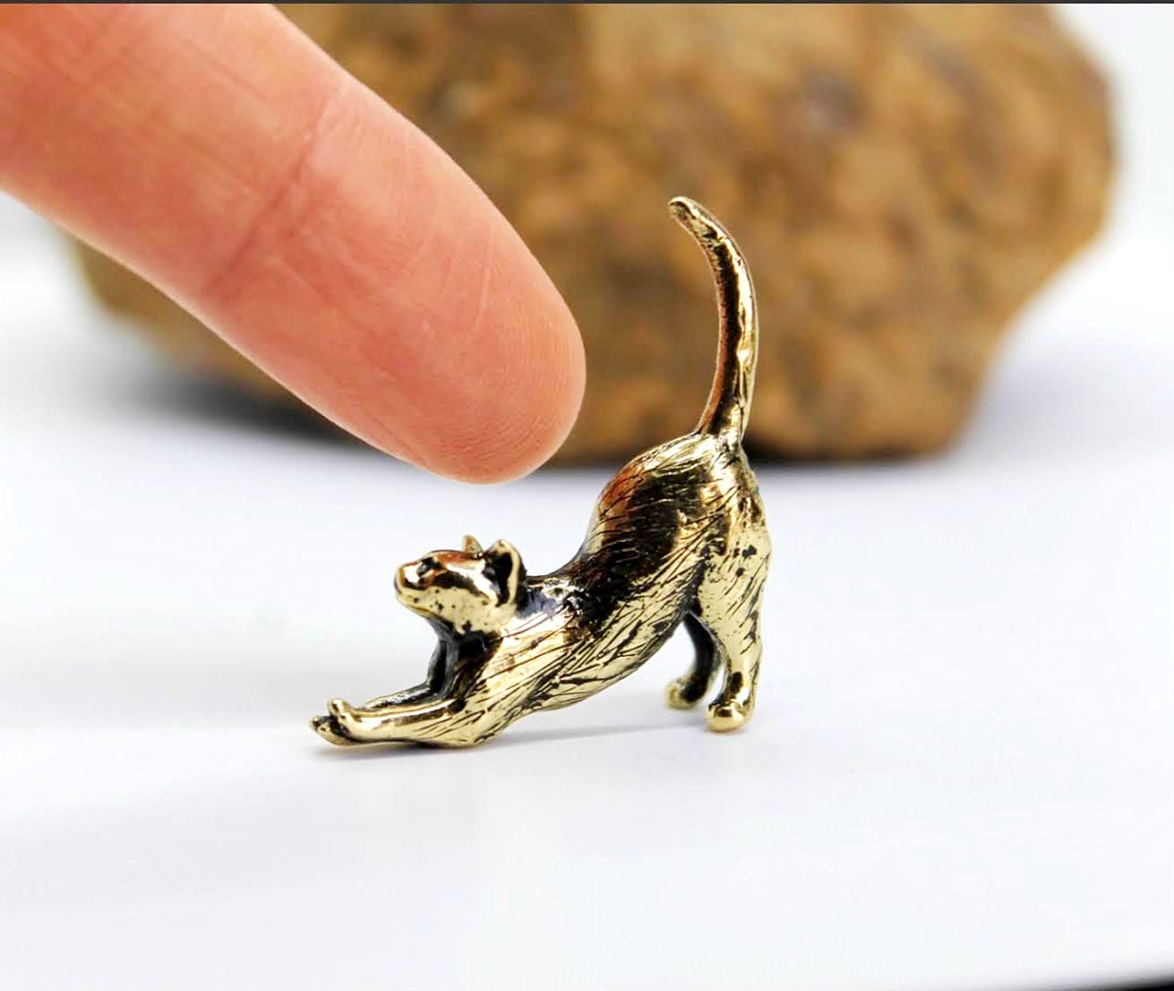 Stretching Cat Figurine Hand-Casted in Brass Small Kitten Miniature Collectible Gift for Cat Lovers Tiny Metal Decorative Trinket