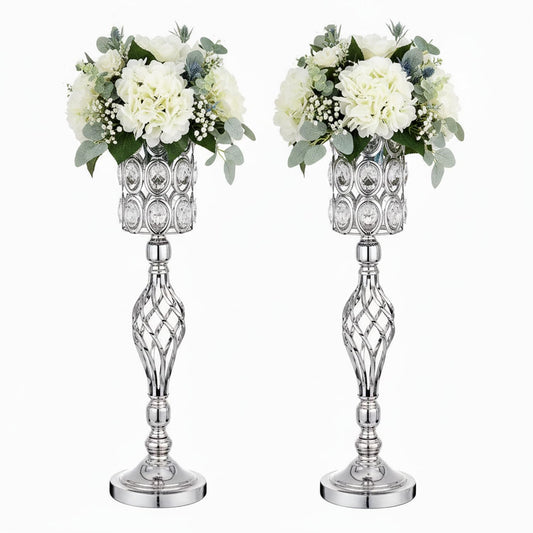 Crystal Wedding Centerpiece Vases for Tables - Set of 2 Metal Silver Vases, 24in Tall Versatile Flower Holders, Elegant Flower Stands for Centerpieces Wedding Party Reception Christmas Home Decor