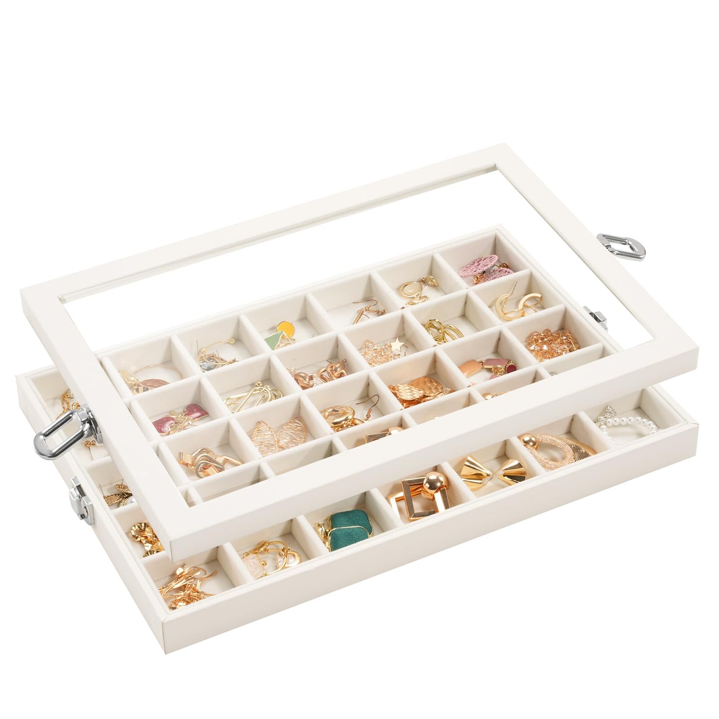 Lolalet Jewelry Organizer Tray with Lid, 35 Grids Velvet Earring Organizer Holder Storage Box for Drawer -Beige