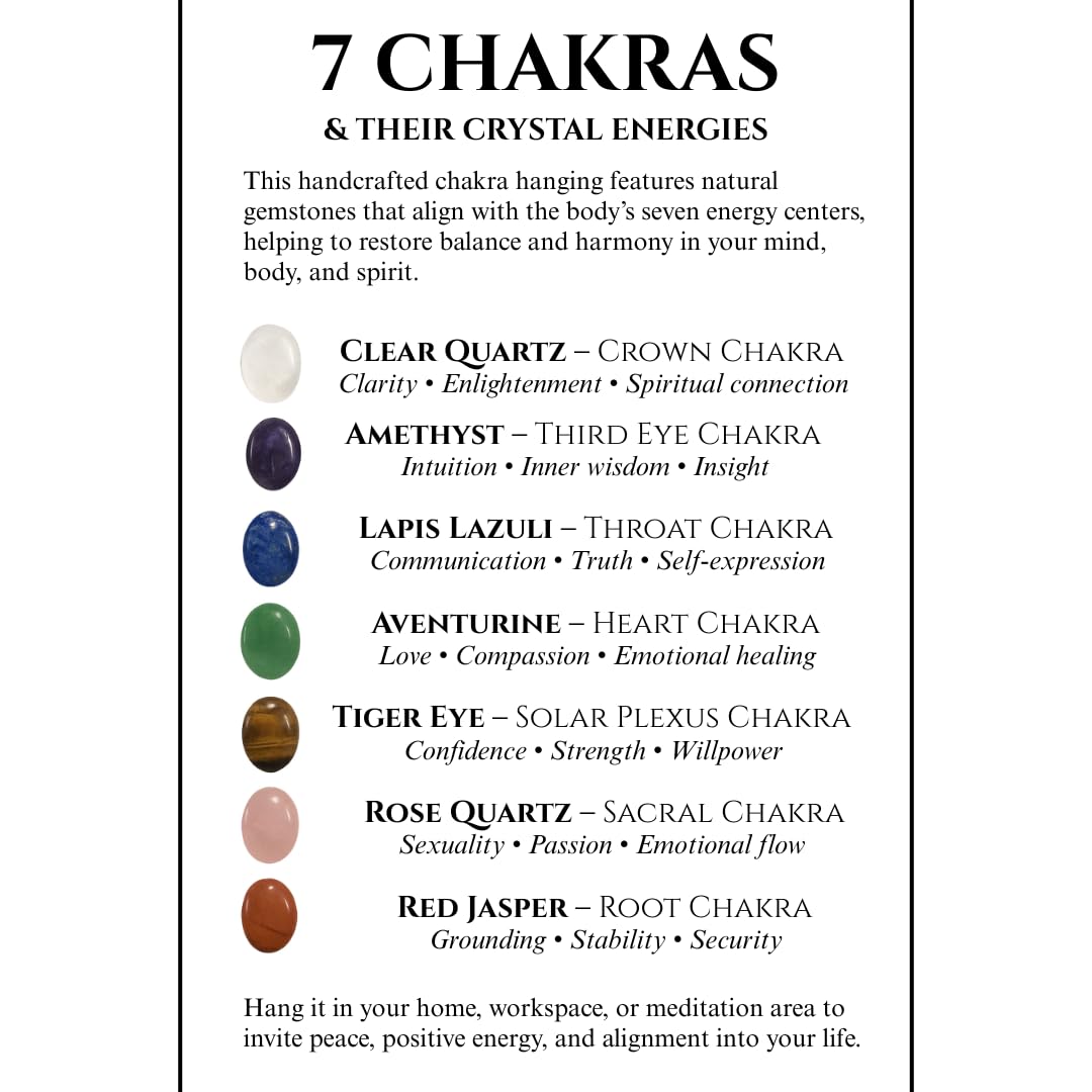 Pozbee 7 Chakra Crystal Hanging Ornament, Unique, Spiritual Boho Wall Decor, Raw Chakra Stones Amethyst Suncatcher, Rose Quartz Healing Crystal (Gold)