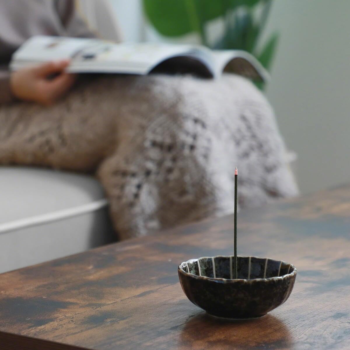 Asayu Japan Lotus Incense Holder for Sticks 4.1 inch (105mm), Traditional Made in Japan Ceramic Ash Catcher and Brass Incense Burner Set - Green Lotus