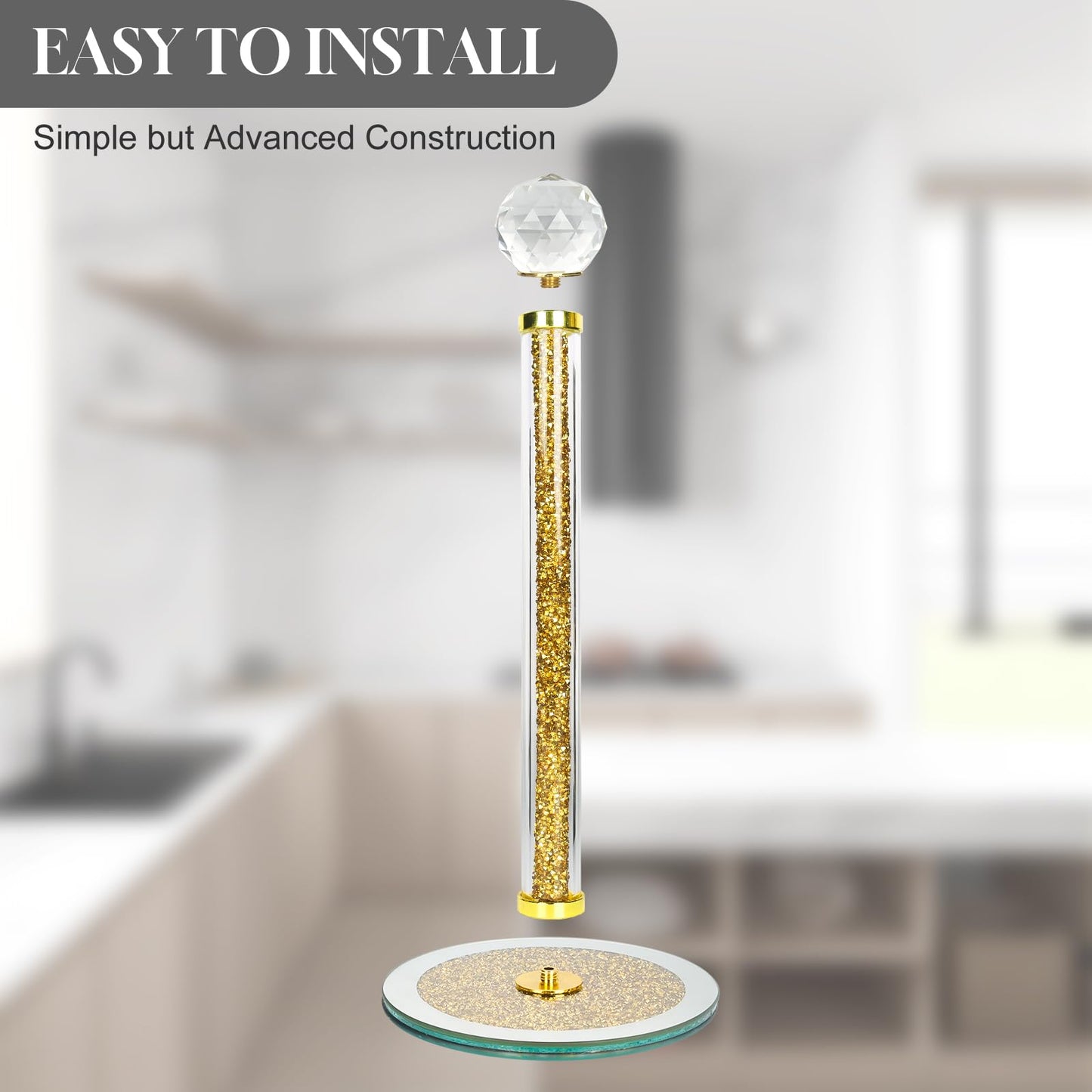 Decorative Paper Towel Holder, Gold Crystal Paper Towel Dispenser, Crushed Diamond Home Decor Toilet Roll Holder Stand with Heavy Base, Freestanding Paper Holder for Kitchen, Bathroom (Round/Gold)
