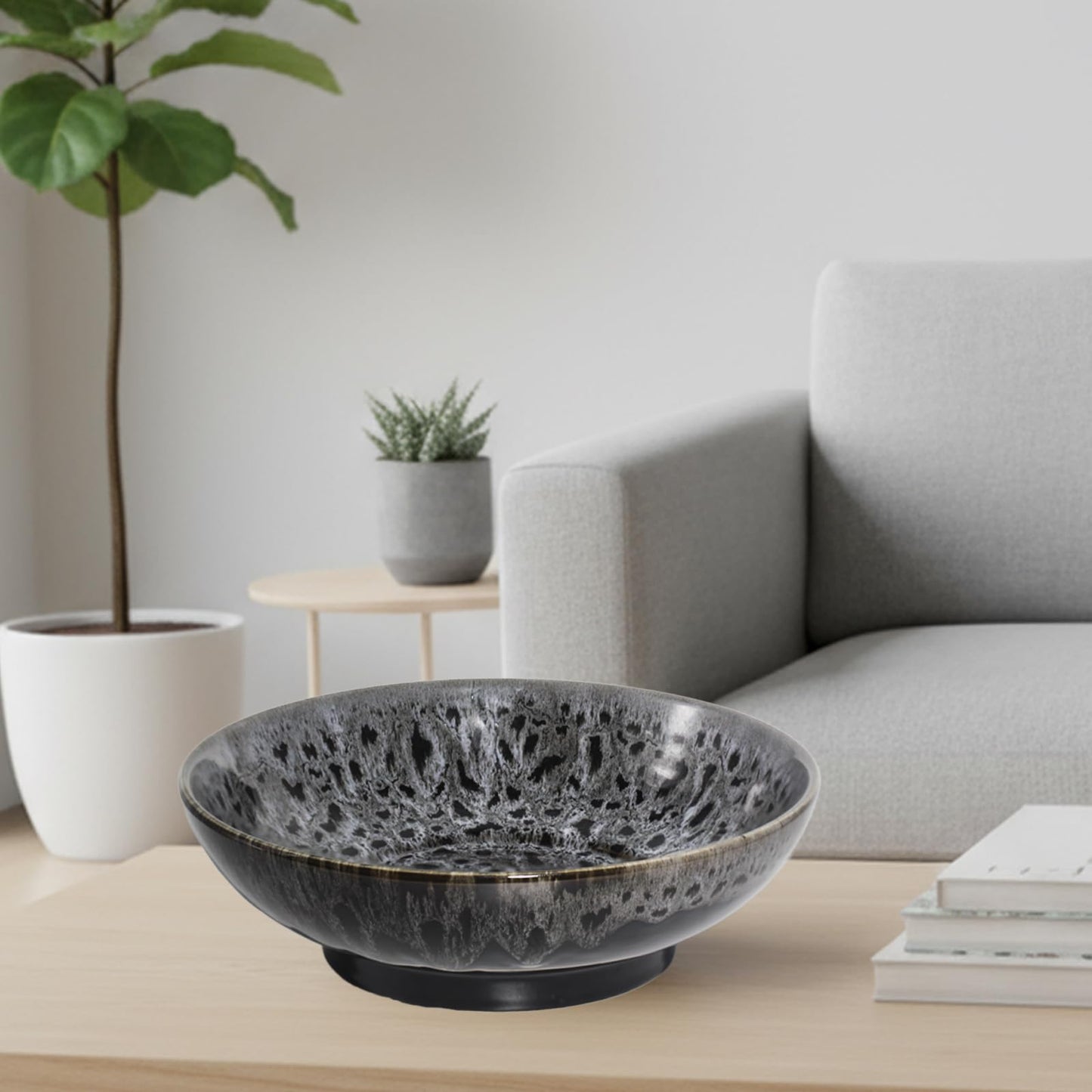 Ronanemon Ceramic Fruit Bowl,10.2" Decorative Bowl, Large Fruit Bowl for Kitchen Counter, Pedestal Bowl, Kitchen Counter Décor, Bread Candy Snacks Organizer(Black Gray)