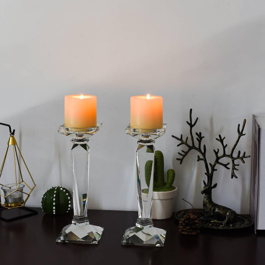 DONOUCLS 2-Pack Crystal Candlestick Holders, Clear Crystal Taper/Pillar Candles Holders,Table Centerpiece Home Decorative Candle Holders for Wedding, Dining, Party(10.6in Tall)
