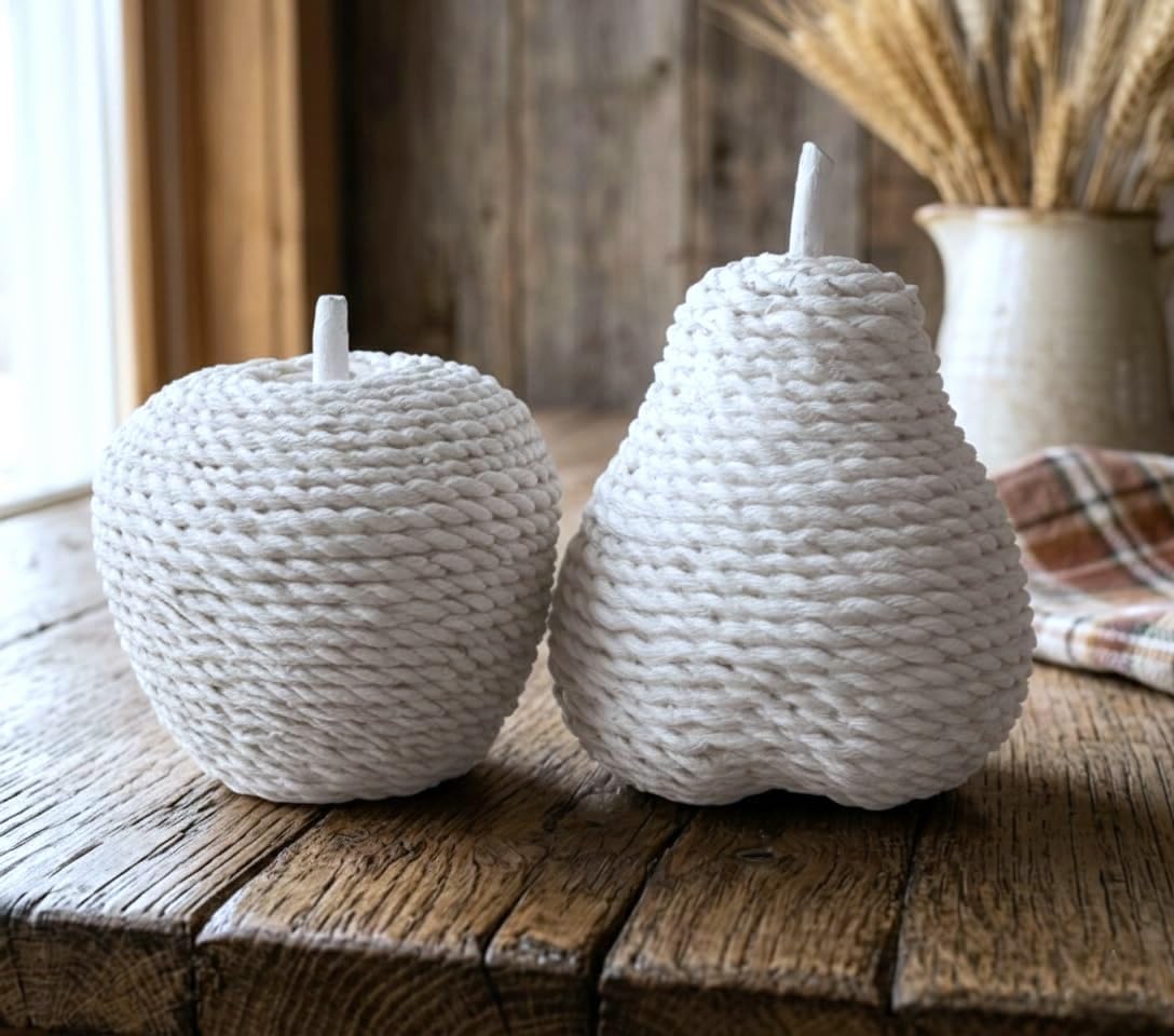 Huey House Apple and Pear Figurine Set of 2, Cream-White Resin Fruit Decor