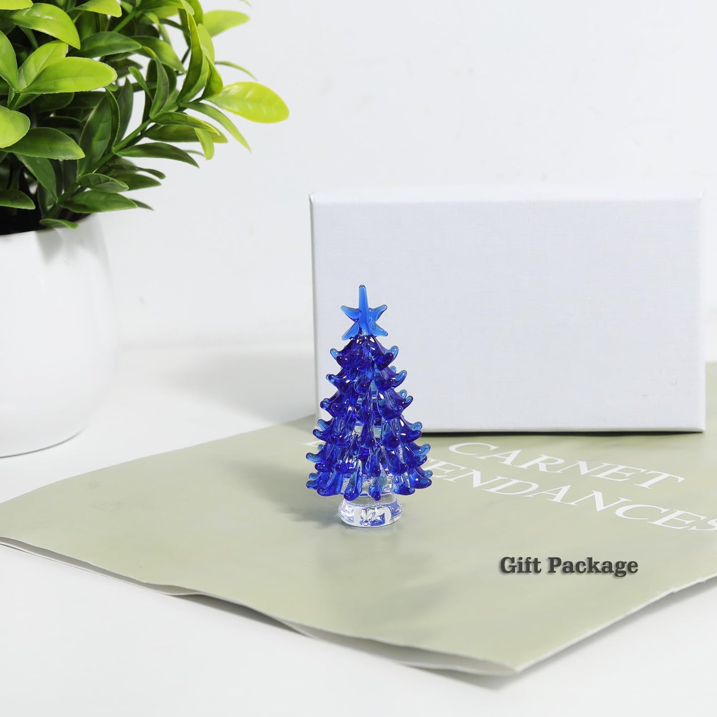 NaneTidy Blue Hand Blown Glass Christmas Tree Glass Figurine Decoration for Xmas Window Tabletop Mantel