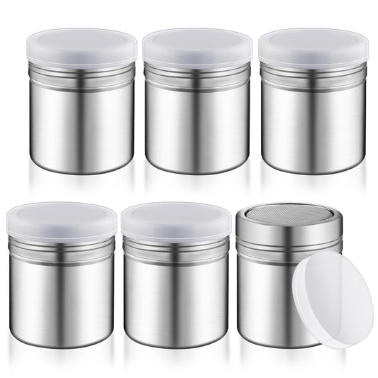 6 Pcs Powder Sugar Shaker Stainless Steel Powder Sugar Shaker Jars Fine Mesh Shaker Cans for Cinnamon Flour Salt Pepper