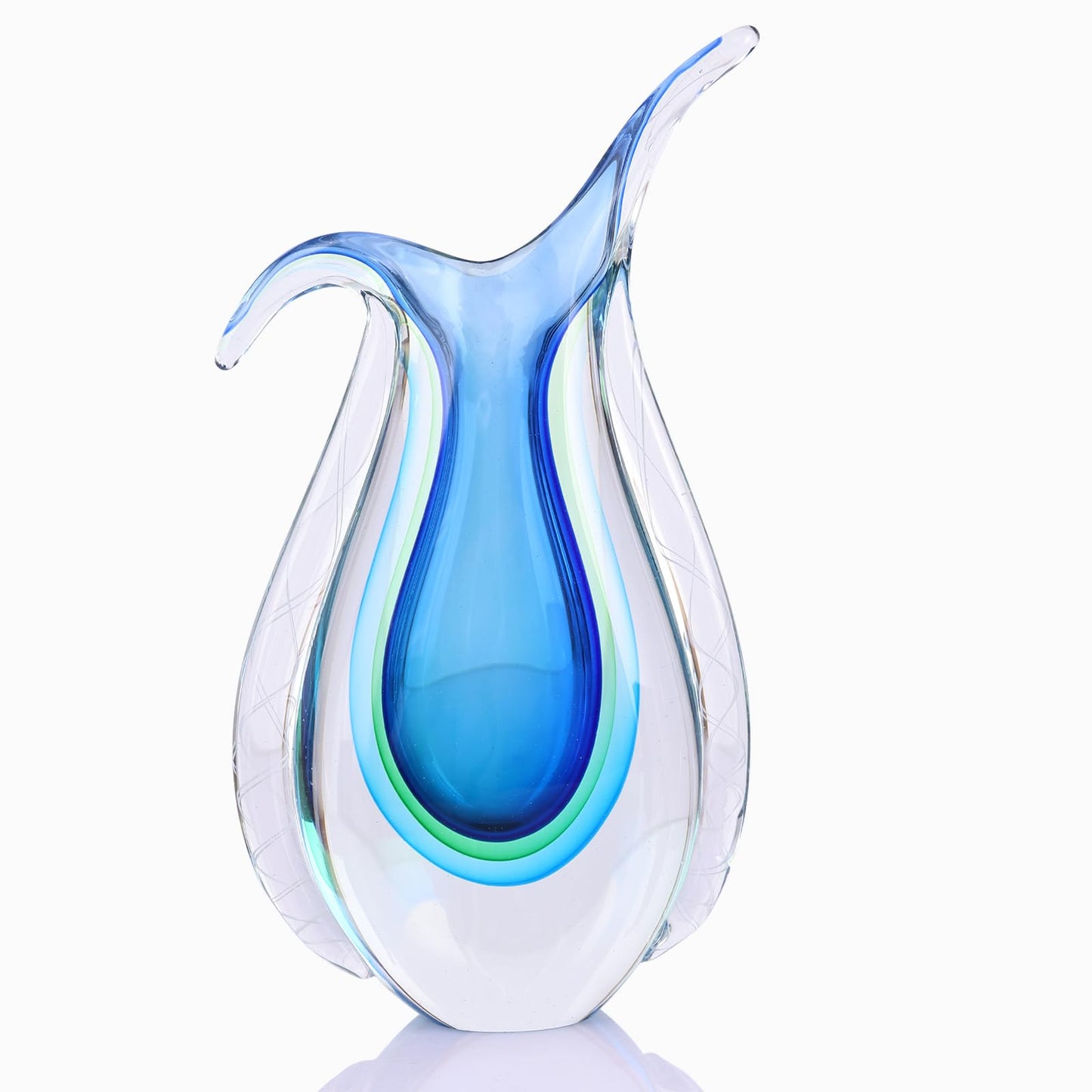 Blown Glass Blue vase, Unique Murano Style Glass Art Deco vase for Living Room TV Stand, Table Setting, Office, Room and Desktop Decorations and Ornaments.