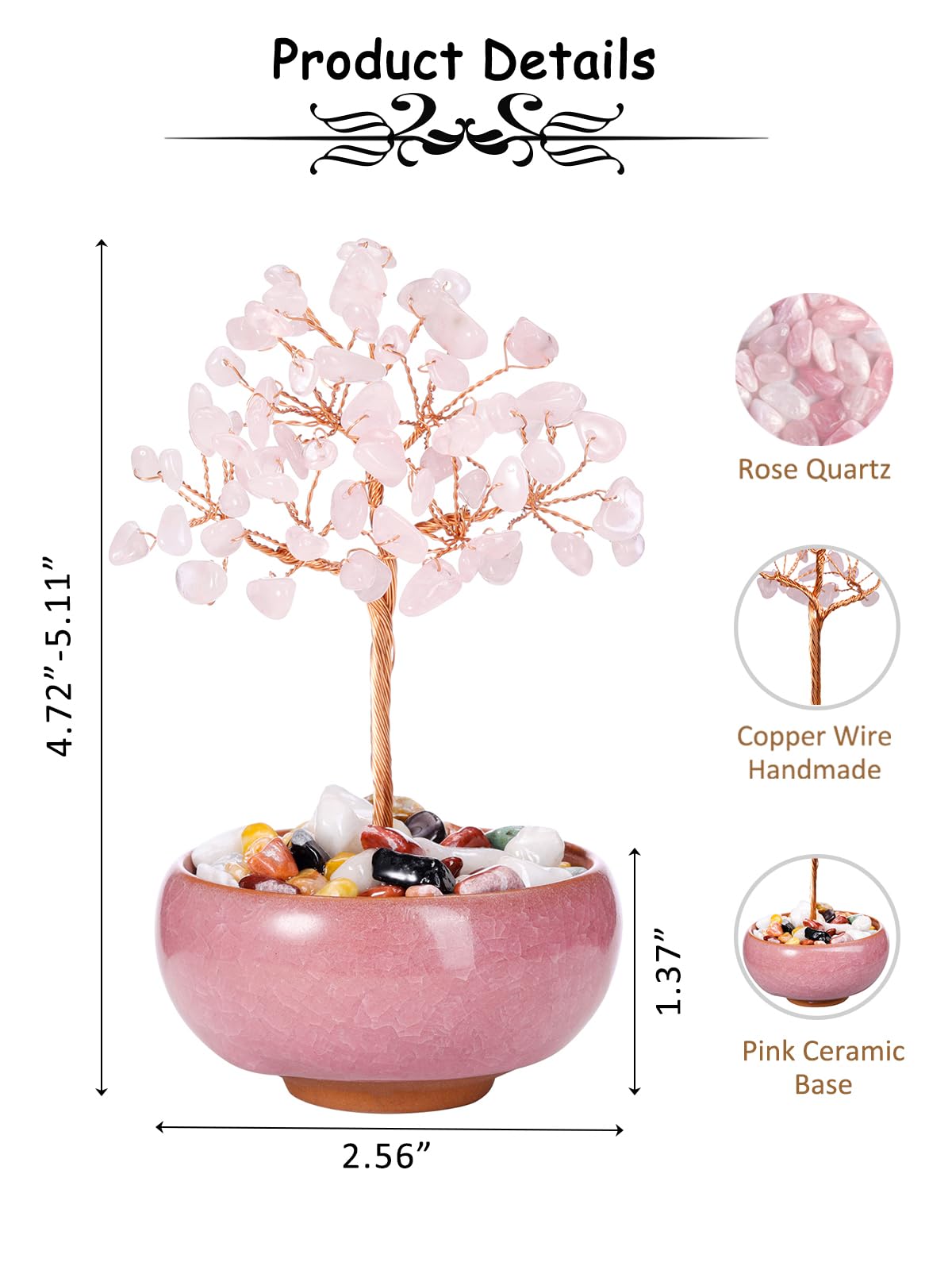 GEHECRST Rose Quartz Crystal Tree Natural Healing Crystals Gemstone Tree with Ceramic Base Handmade Stone Feng Shui Bonsai Money Trees for Wealth Good Luck Home Office Decor Crystal Gifts