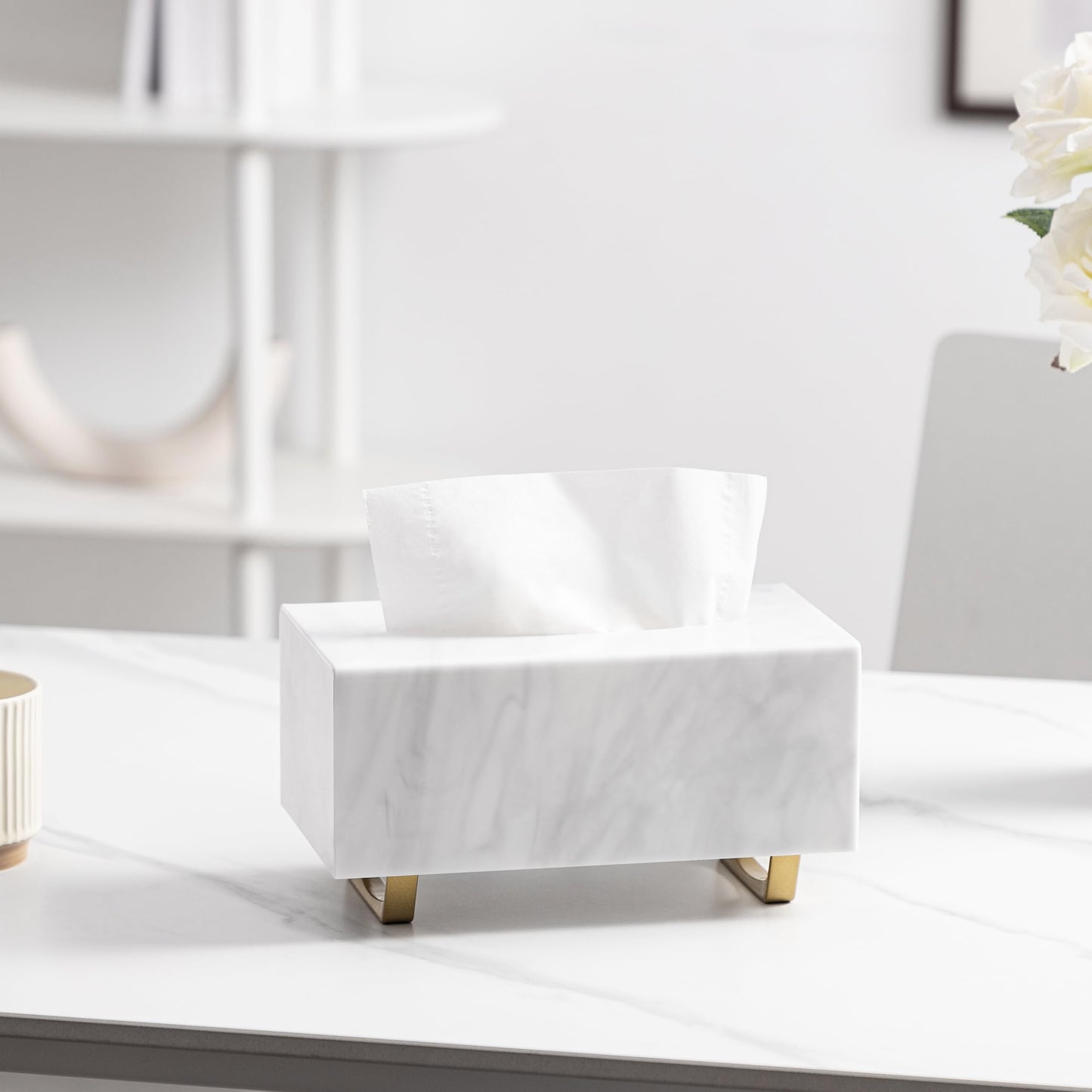 HBlife Tissue Box Cover Rectangle Acrylic Tissue Box Holder with Gold Plated Legs Napkin Dispenser Dryer Sheet Container for Bathroom, Marble White