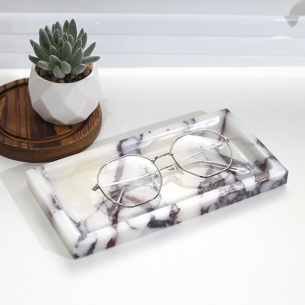 Small Marble Bathroom Tray, Real Marble Vanity Tray, Natural Stone Organizer for Countertop, Mini Marble Organizer for Jewelry Perfume Towel, Non-Resin Non-Ceramic (Calacatta Viola 7.9″ x 3.9″ x 0.7″)