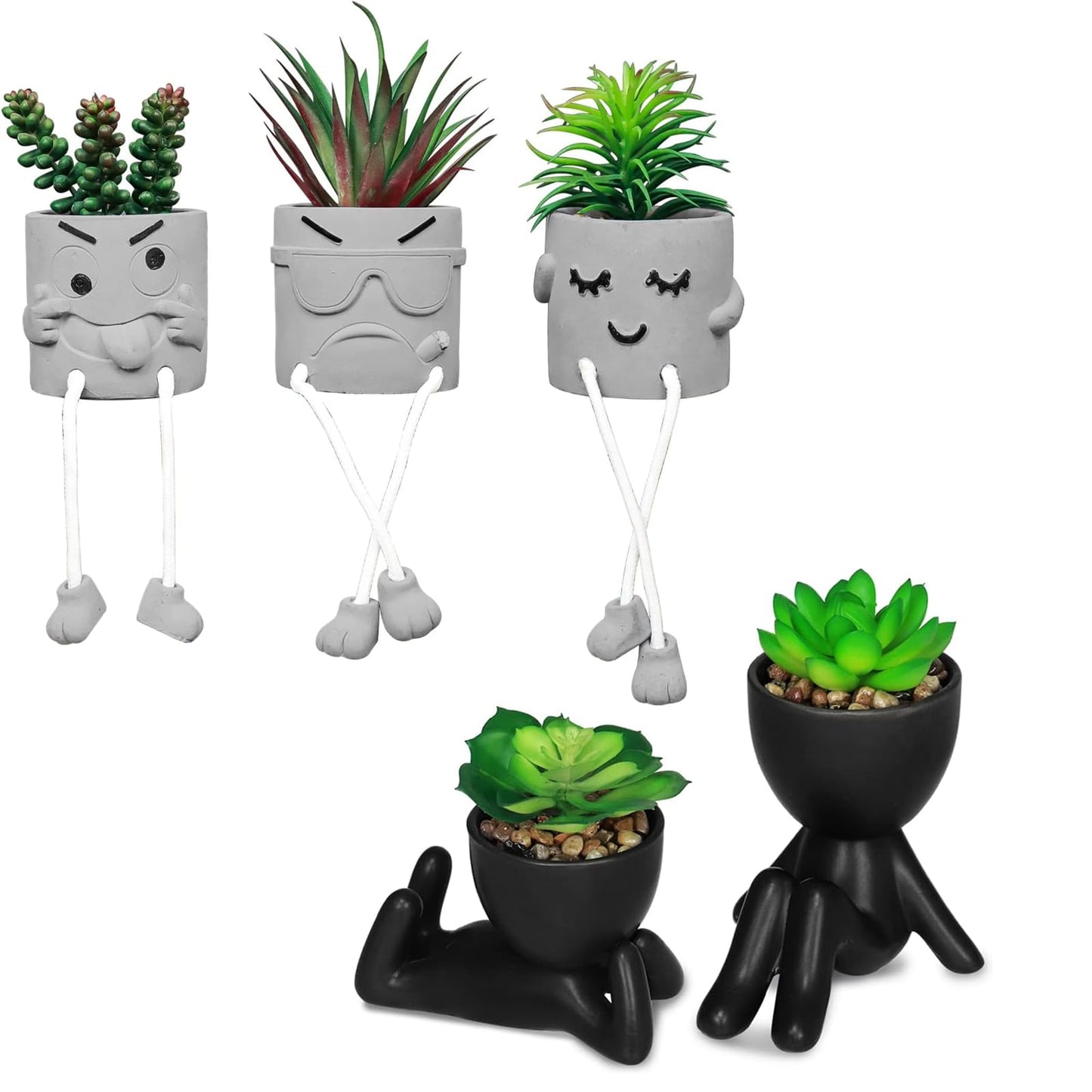 Zerzsy 3pcs Creative Artificial Succulents with Gray Flower Pots Bundle with 2PCS Cute Artificial Succulent Plants with Creative Human Shaped Pots