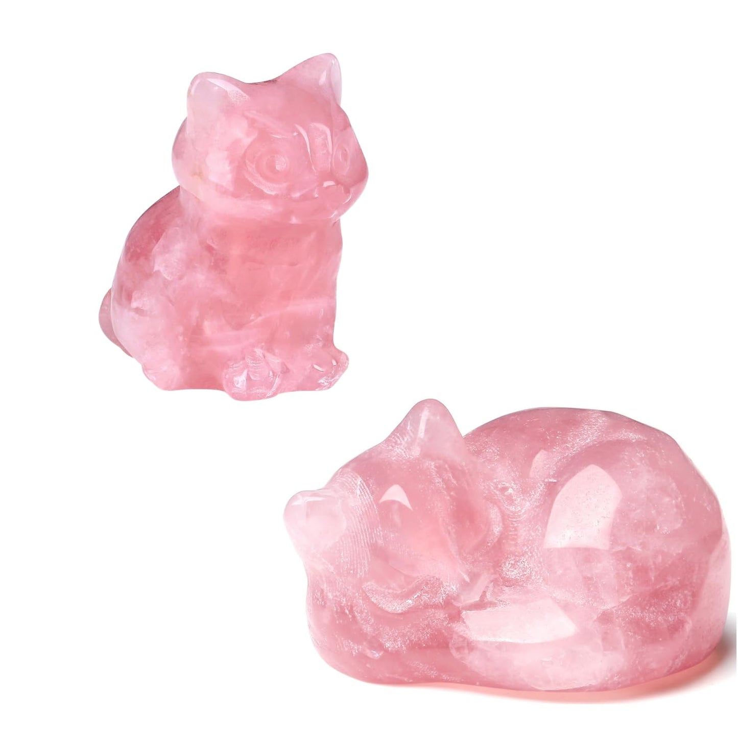 QINJIEJIE 2'' Rose Quartz Cat Figurines Natural Stone Statue Healing Crystals Gift Gemstone Sculpture Room Home Desk LuckyDecoration Cat Gifts for Women