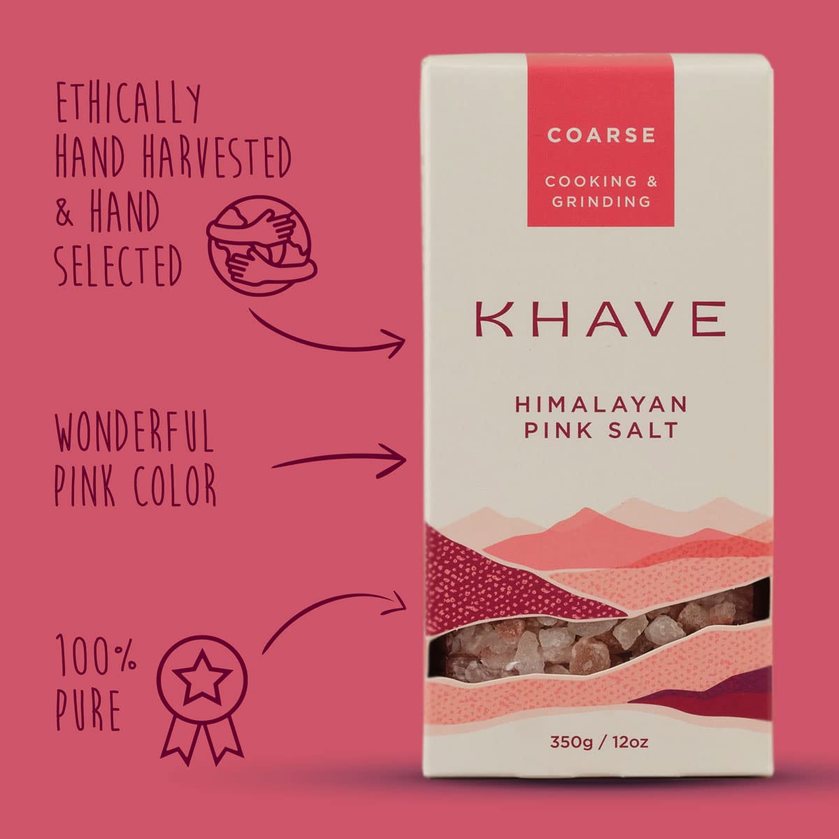 KHAVE Coarse Grain Himalayan Pink Salt - Hand-Picked for Purity | Grinding, Roasting, Brining & Smoking | Grinder Refill | No Additives | 12 oz / 350g