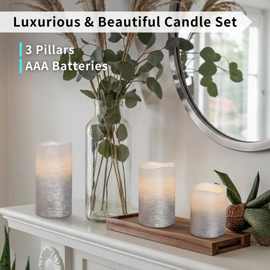 FURORA LIGHTING Silver Glitter Real Wax LED Pillar with 5/19 Timer