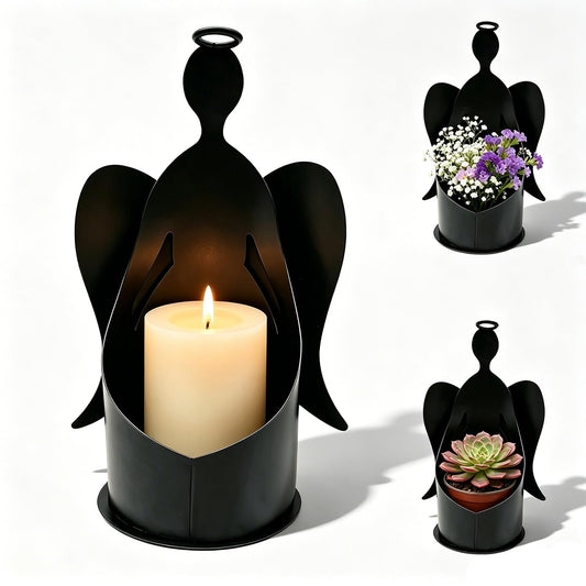 Angel Candle Holder，Black Metal Angel Decor for Pillar Candles/Succulent Planter, Indoor/Outdoor Christmas & Home Decor, Perfect for Garden, Living Room, and as a Thoughtful Gift (Black Metal)